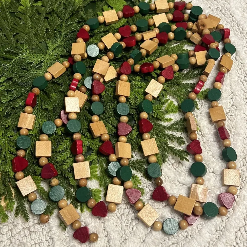 Vintage 90s Wooden Heart Beaded Garland Country 9’ Farmhouse Red Green Christmas